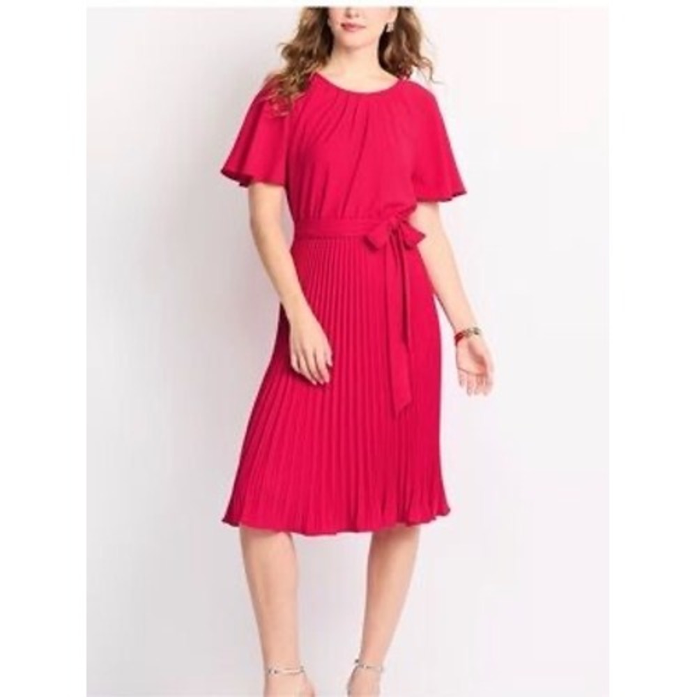 Calvin Klein Pink Pleated Midi Dress Flutter Sleeve Tie Waist Size 6